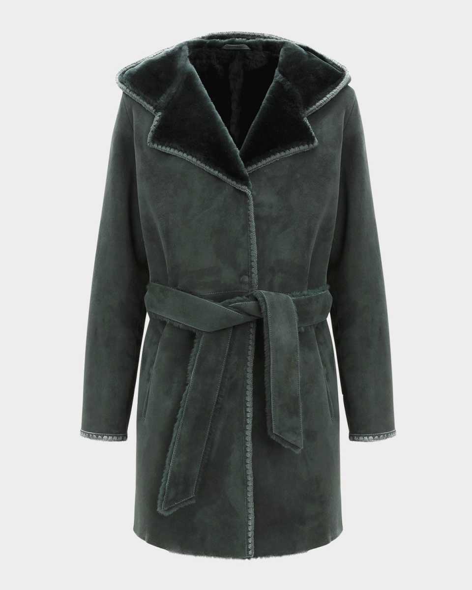 Merino Shearling Lamb Belted Parka With Embroidered Tr